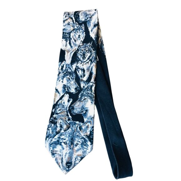1995 WWF Grey Wolves Necktie World Wildlife Fund Silk Tie Vtg 90s Wolf Pack Art - Picture 1 of 7